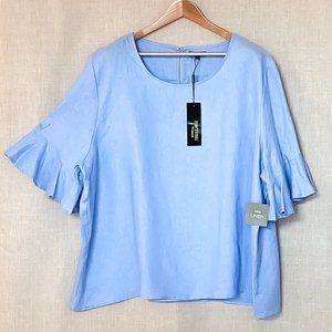 NWT - For Cynthia - Linen Ruffle Sleeve Blue Blouse - Plus Size 3x